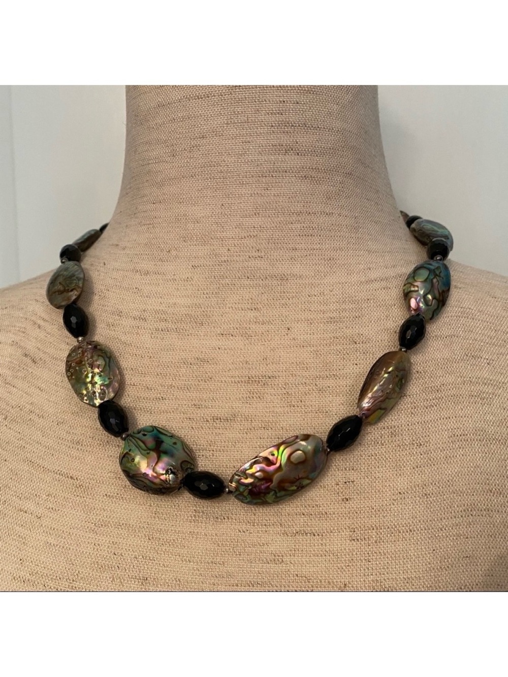 DONNA DRESSLER NECKLACE BLACK CRYSTAL ABALONE SHELL 925 STERLING SILVER